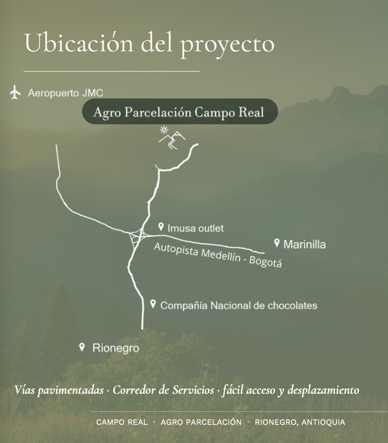 Mapa de ubicación de Campo Real en Rionegro, cerca del Aeropuerto JMC y la Autopista Medellín — Bogotá
